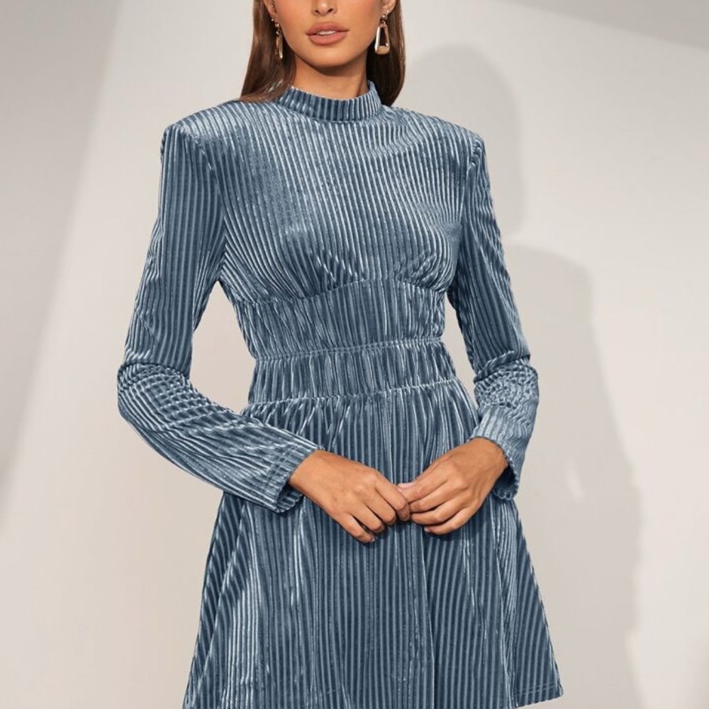 SHEIN Blue Velvet Long Sleeve Dress